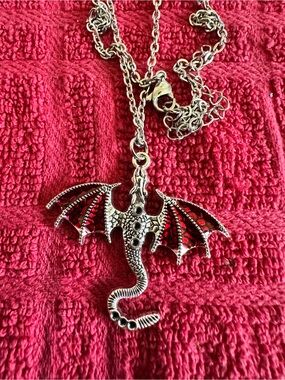 Silver Dragon Pendant Necklace with Red Wing Accents